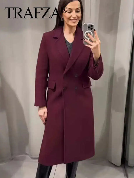 TRAFZA 2024 Women's Autumn Vintage Windbreaker Long Sleeves Lapel Double Breasted Solid Color  With Fake Pockets Fashion Coats - Lootquake