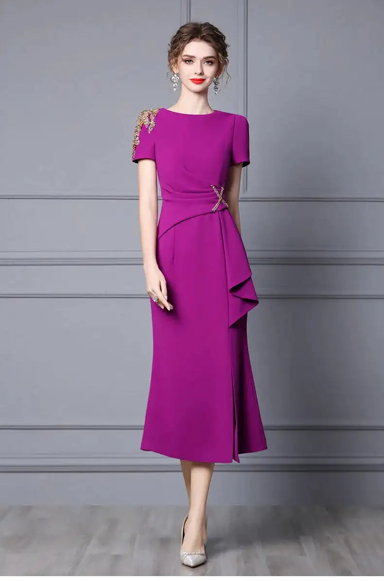 Long Dress Summer 2022 new purple nail drill elegant temperament close waist fish tail evening dress - Lootquake
