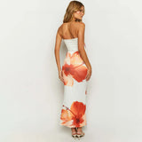 CUTENOVA Women's 2024 New Flower Printed Tubeless Dress Casual Vacation Off Shoulder Slim Beach Floor Length Long Dress - Lootquake