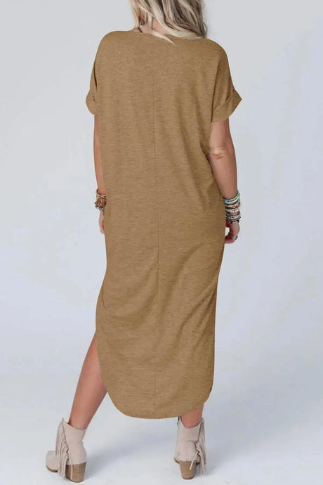 Summer New Women Elegant Solid Color Dress Short Sleeve V-Neck Cotton Linen Comfortable Loose Pocket Ladies Long Dress Vestidos - Lootquake