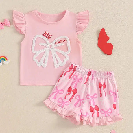 Cute Matching Baby Toddler Brother Outfit Bow Fly Sleeve Tops Elastic Waist Ruffle Shorts 2 Piece Summer Set for Siblings - Lootquake