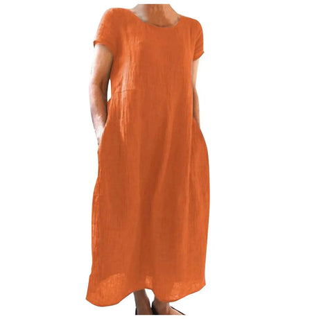 Spring Summer Woman Long Dress Office Lady Fshion Casual Loose Solid O-neck Short Sleeve Dresses For Women 2024 Female Robe - Lootquake