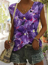 Plus Size Floral Print Tank Top, Casual V Neck Sleeveless Top For Summer, Women's Plus Size Clothing - Lootquake