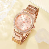 6PCS Set Rose Gold Luxury Watch Women Ring Necklace Earring Rhinestone Fashion Wristwatch Casual Ladies Bracelet Watches - Lootquake