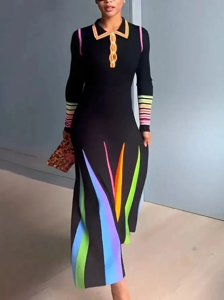 Elegant Spring 2024 Lapel Patchwork Slim-Fit Dress New Autumn Women British Style Print Maxi Dress Lady Party Evening Long Dress - Lootquake