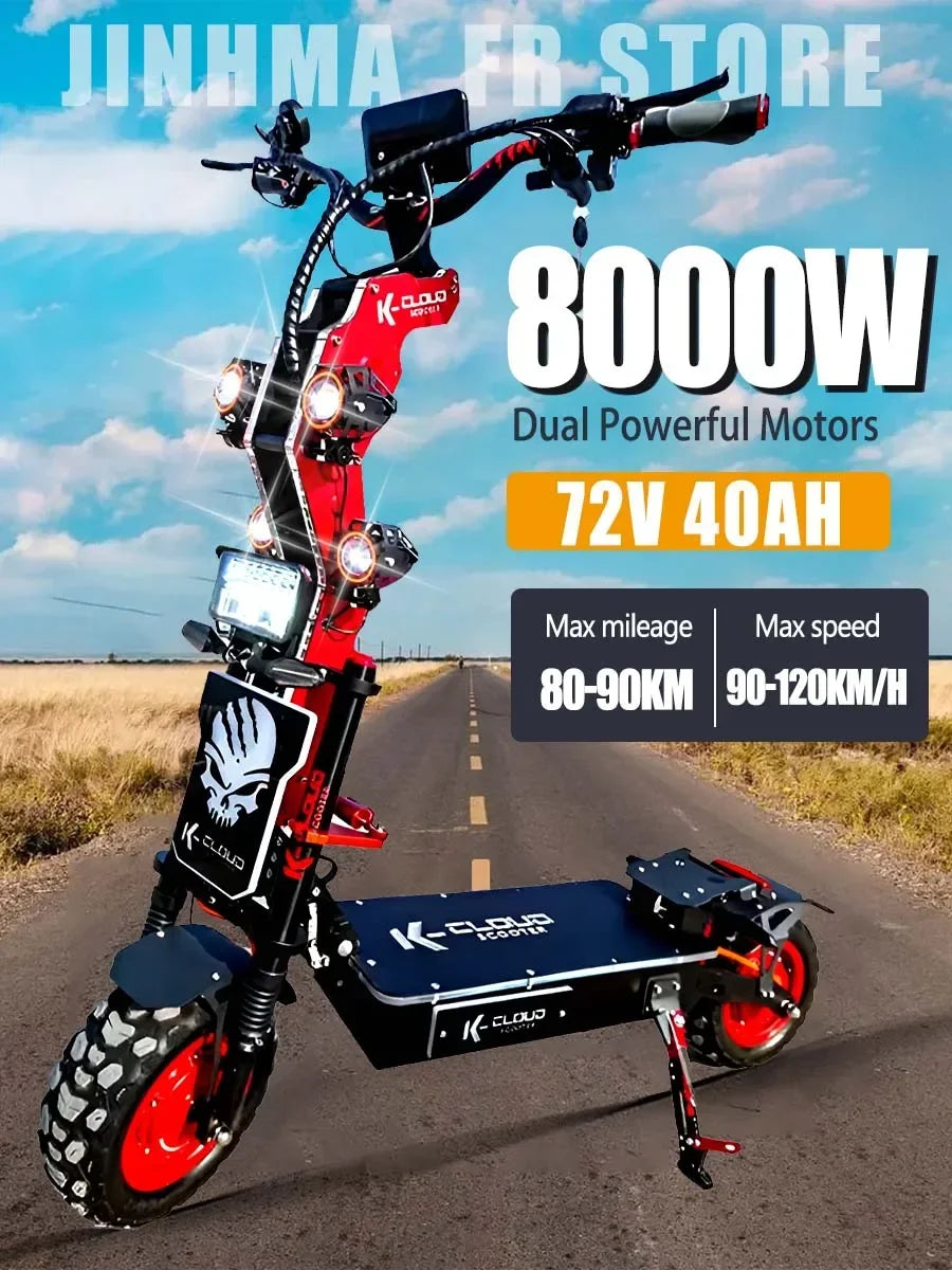 Patinete eléctrico grande K14 de 10000 W con motor dual, 72 V, 40 Ah, neumáticos todoterreno de 14 pulgadas, velocidad máxima de 90 a 120 km/h, freno hidráulico.