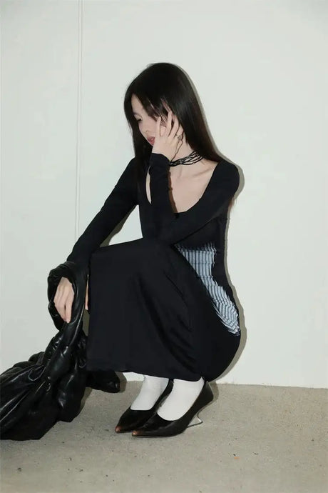 Y2K Sexy Long Sleeved Print Design Long Dress Elegant Slim Square Necked Dress Woman Street Style Wrapped Hip Skirt - Lootquake