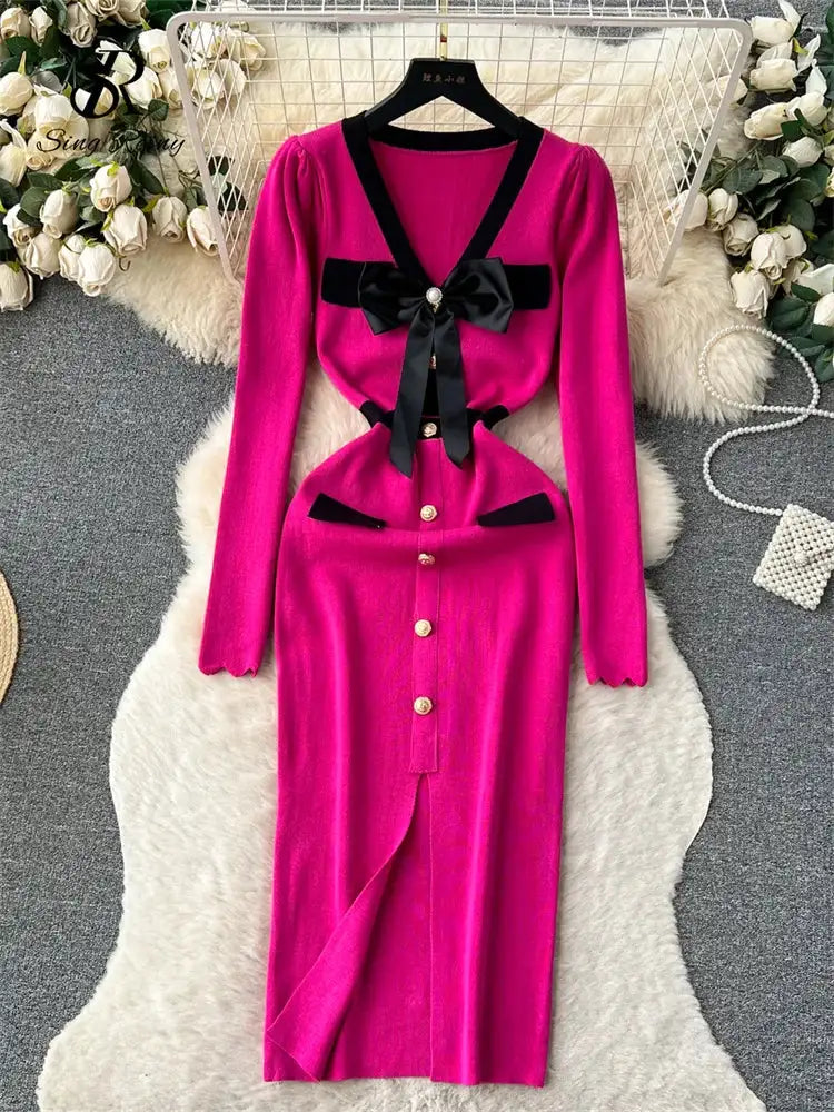 SINGREINY Office Lady Sweater Long Dress 2023 Bow Single Breasted Elastic Split Women Autumn Dress Fashion Senior Knitted Dress