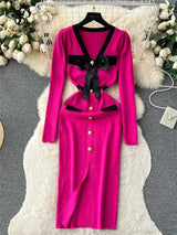 SINGREINY Office Lady Sweater Long Dress 2023 Bow Single Breasted Elastic Split Women Autumn Dress Fashion Senior Knitted Dress