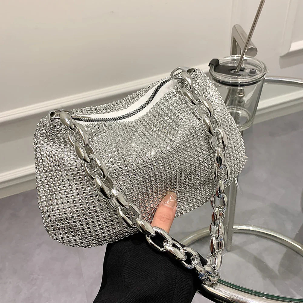 Bling Rhinestone Evening Clutch Bag | Women's Korean Designer Diamond Chain Dinner Party Handbag (Lady Square Tote Shoulder Bag)