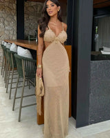 Mesh Long Dress Women Summer Cutout Party Dresses Cover Up Elegant Slim Split Maxi Vestidos Holiday Beach Robe - Lootquake
