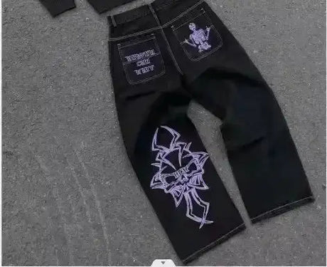 Y2K Retro Blue Slim Jeans Harajuku Hip Hop Rhinestone Cross Graphic Embroidered Jeans Gothic Low Waist Trousers Womens Clothing - Lootquake