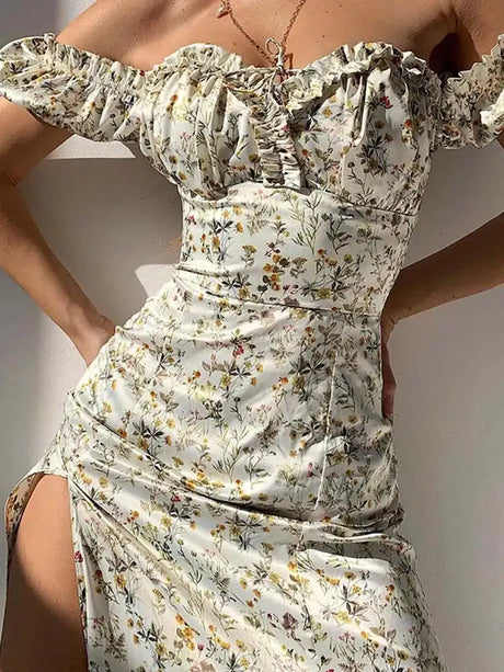 Slash neck Floral Print Split Beach Dress Women Summer Elegant Ruffles Party Long Dress Vestidos S~3XL - Lootquake