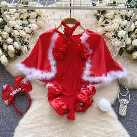 Red Christmas Sexy Lingerie Shawl Set Halter Jumpsuit Lace-up Cosplay Costume New In Women Clothes Skinny Bodysuit Suit Hotsweet - Lootquake