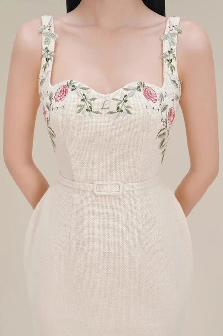 Runway Autumu Spaghetti Strap Bodycon Long Dress Sexy Women's Square Collar Embroidery Flower Sleeveless Tank Party Belt Dresses - Lootquake