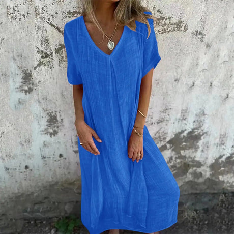 Cotton Linen Short Sleeve Loose Dress 2024 Summer Women's V-neck High Waist Long Dress Vintage Solid Color Straight Beach Dress - Lootquake