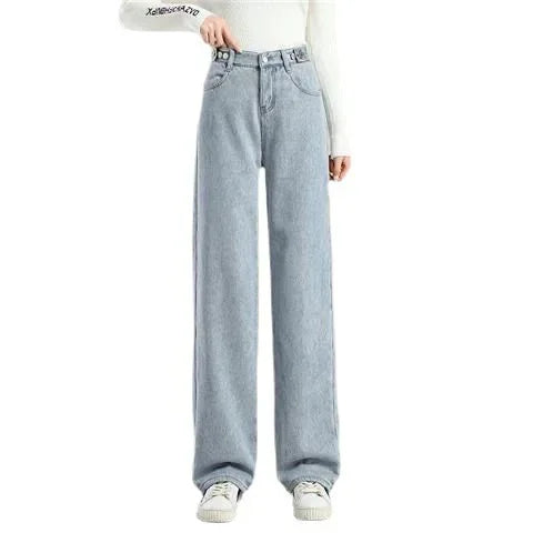 Thickened Fleece-lined Women's Jeans 2022 Winter New Style Slimming Versatile Loose-fit Straight-leg Bell Bottoms Trendy - Lootquake