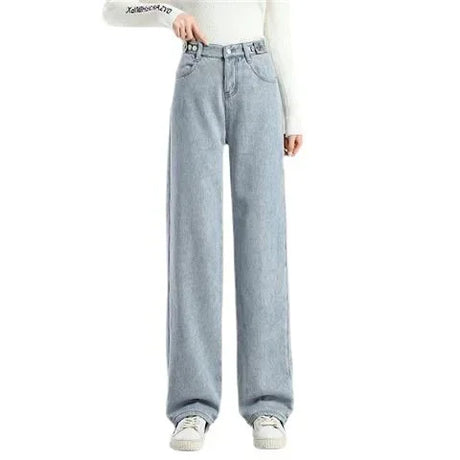 Thickened Fleece-lined Women's Jeans 2022 Winter New Style Slimming Versatile Loose-fit Straight-leg Bell Bottoms Trendy - Lootquake