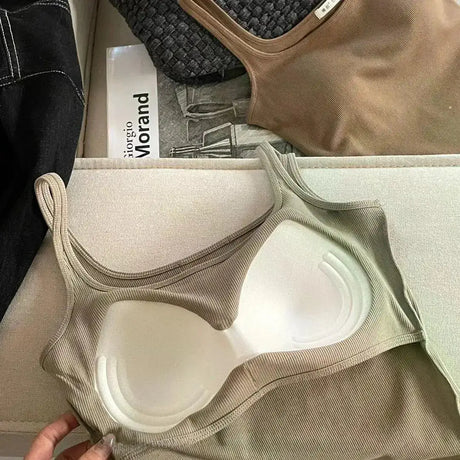 Solid All-Match Invisible Integrated Chest Pad Cami 2024 Spring New Korean Women clothes Short Sleeveless Top - Lootquake