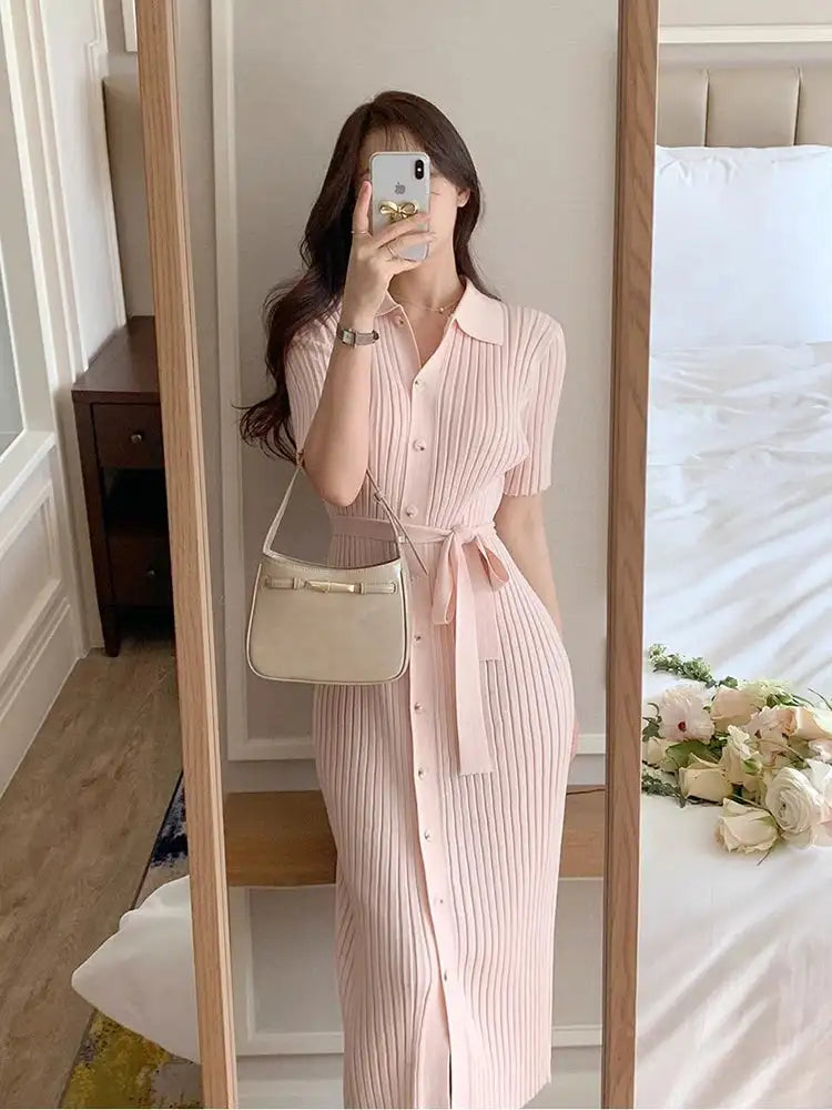 Elegant Summer Sweet Sle Turn-down Collar Single-button Thin Ice Silk Short-sleeve Knitted Long Dress Women's Fashion - Lootquake