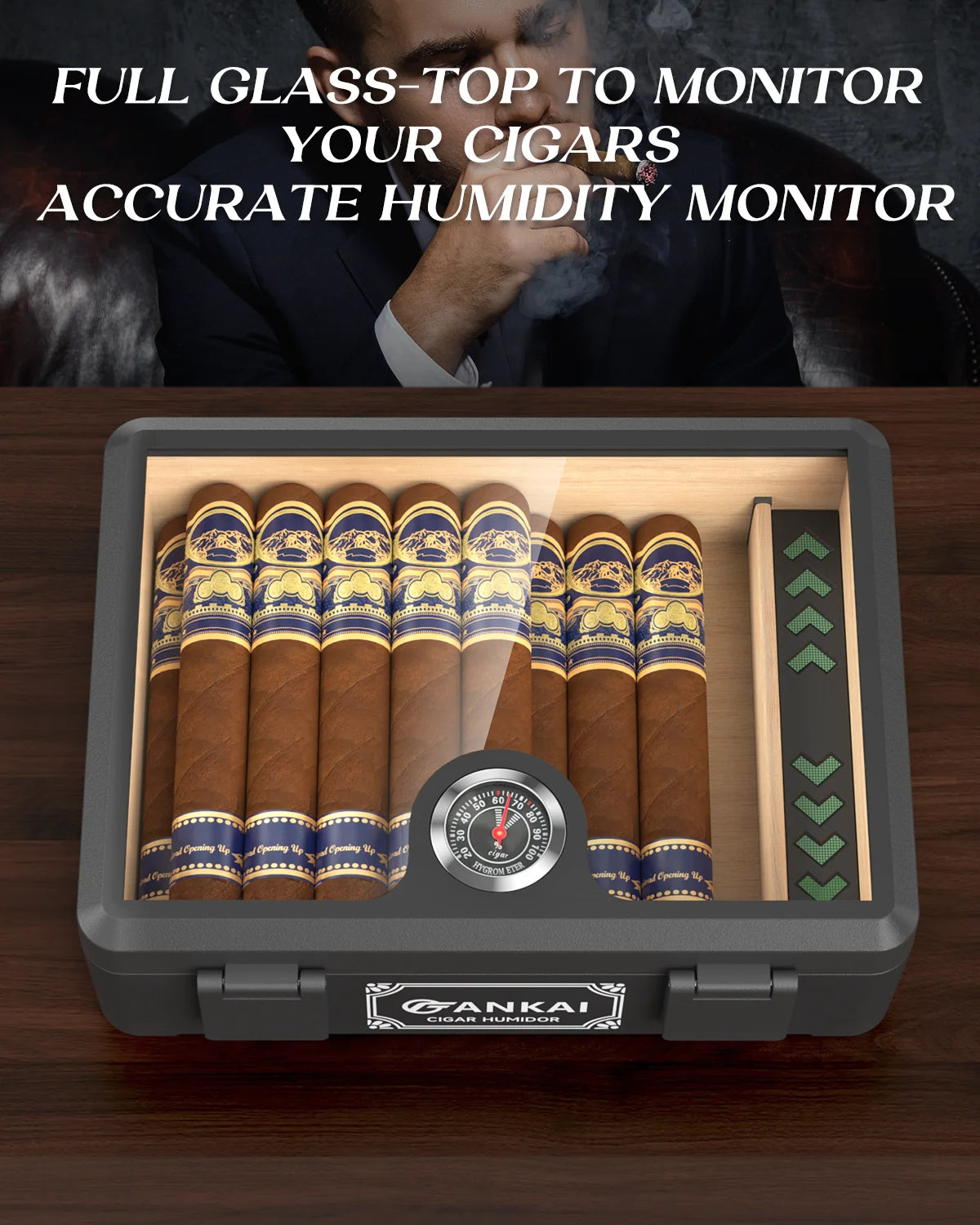 Cigar Humidor,Full Glass Top Cigar Box with Humidifier and Hygrometer,Crushproof Case,Cedar Wood Lining Storage for 20-25 Cigars