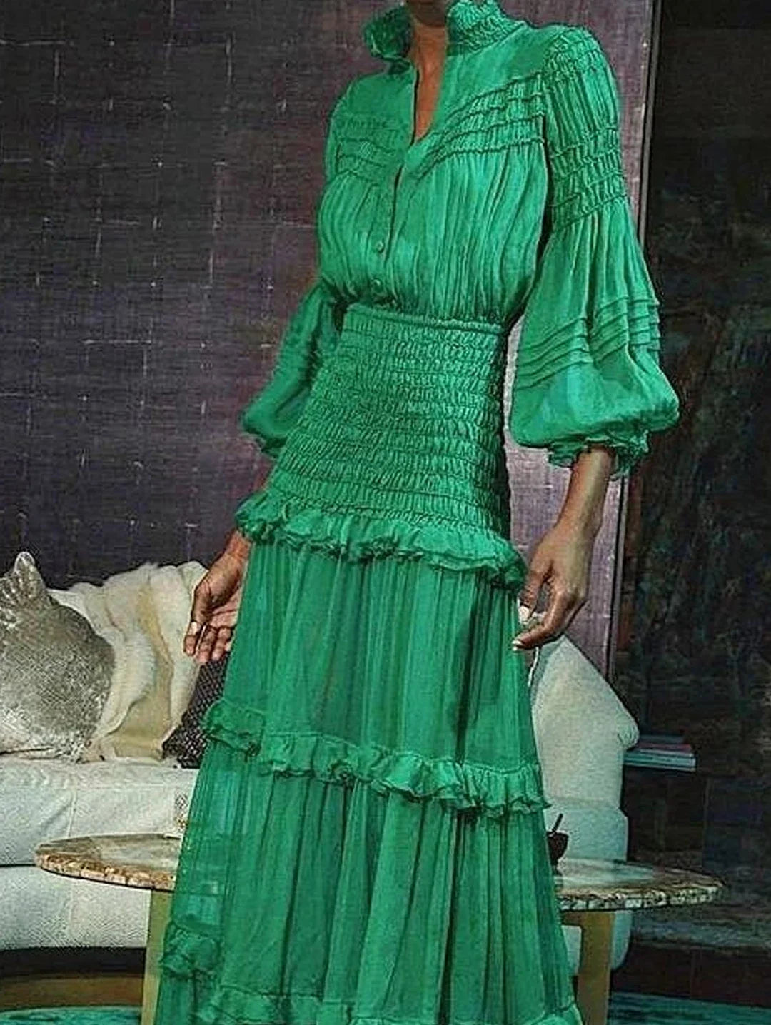 Elegant Long Dress Women Spring Autumn Stand Collar Lantern Sleeve Dress Female Ruffle Tiered Maxi Dress Vestidos Femmes 2025 - Lootquake
