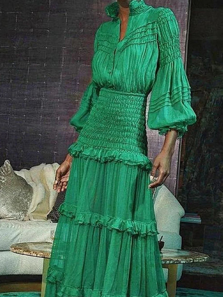 Elegant Long Dress Women Spring Autumn Stand Collar Lantern Sleeve Dress Female Ruffle Tiered Maxi Dress Vestidos Femmes 2025 - Lootquake