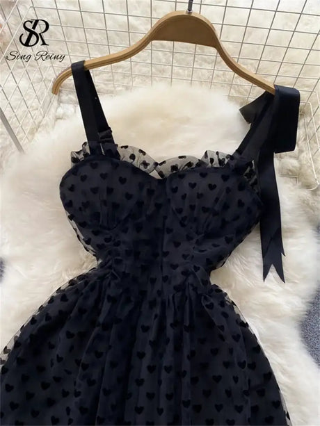 SINGREINY High Quality A Line Mesh Long Dress Spaghetti Strap Sleeveless Sheath Sundress 2023 Women Fashion Dot Print Maxi Dress - Lootquake