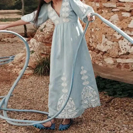 Elegant Print Half Puff Sleeve Dresses Women Loose V-neck Lace Up Backless Long Dress 2024 Summer New Ladies Chic Beach Robes - Lootquake