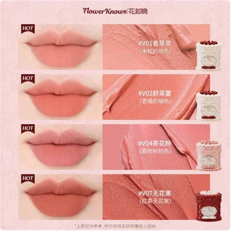 Crema labial Flower Knows Strawberry Cupid Cake, barra de labios hidratante mate, maquillaje de labios suave y sedoso, cosméticos profesionales.