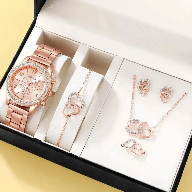6PCS Set Rose Gold Luxury Watch Women Ring Necklace Earring Rhinestone Fashion Wristwatch Casual Ladies Bracelet Watches - Lootquake
