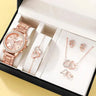 6PCS Set Rose Gold Luxury Watch Women Ring Necklace Earring Rhinestone Fashion Wristwatch Casual Ladies Bracelet Watches - Lootquake