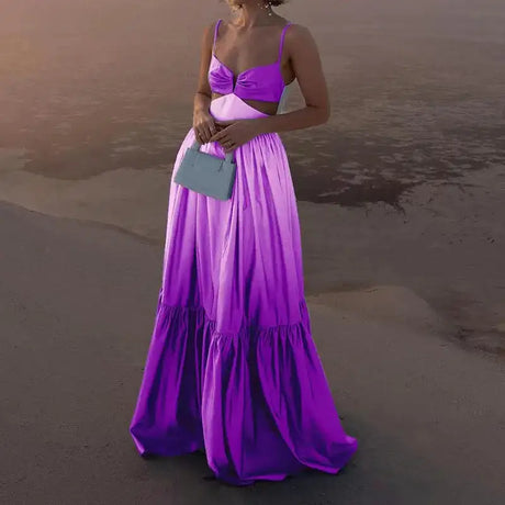 2024 New Spaghetti Strap Gradient Print Long Dress Lady Sexy V-neck Hollow Backless Evening Dress Elegant Sleeveless Slim Dress - Lootquake