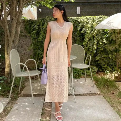 Summer High Quality Korean Simple Hollow Out Vest Knit Sweater Dress Women Japanese Gentle V-Neck Slim Elastic Knit Long Dress - Lootquake