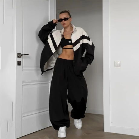Autumn Winter Long Sleeve Zipper Sports Pant Sets Women Patchwork Hip-Hop Ladies Street Loose 2 Piece Sets Women Outfit 2024 New - Lootquake