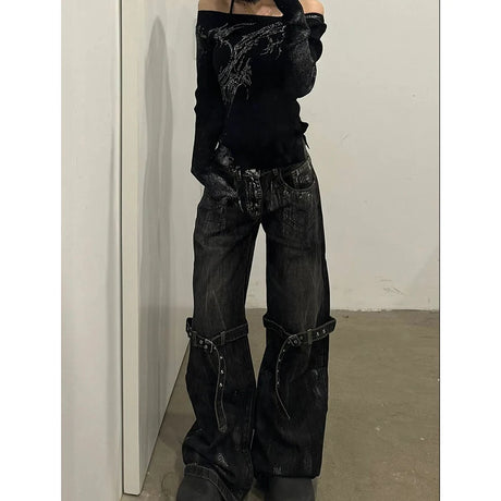 Black Women's Jeans High Waist Hip Hop Straight Fashion Pants Streetwear Harajuku Y2K Star 2024 Female Wide Leg Denim Trouser - Lootquake