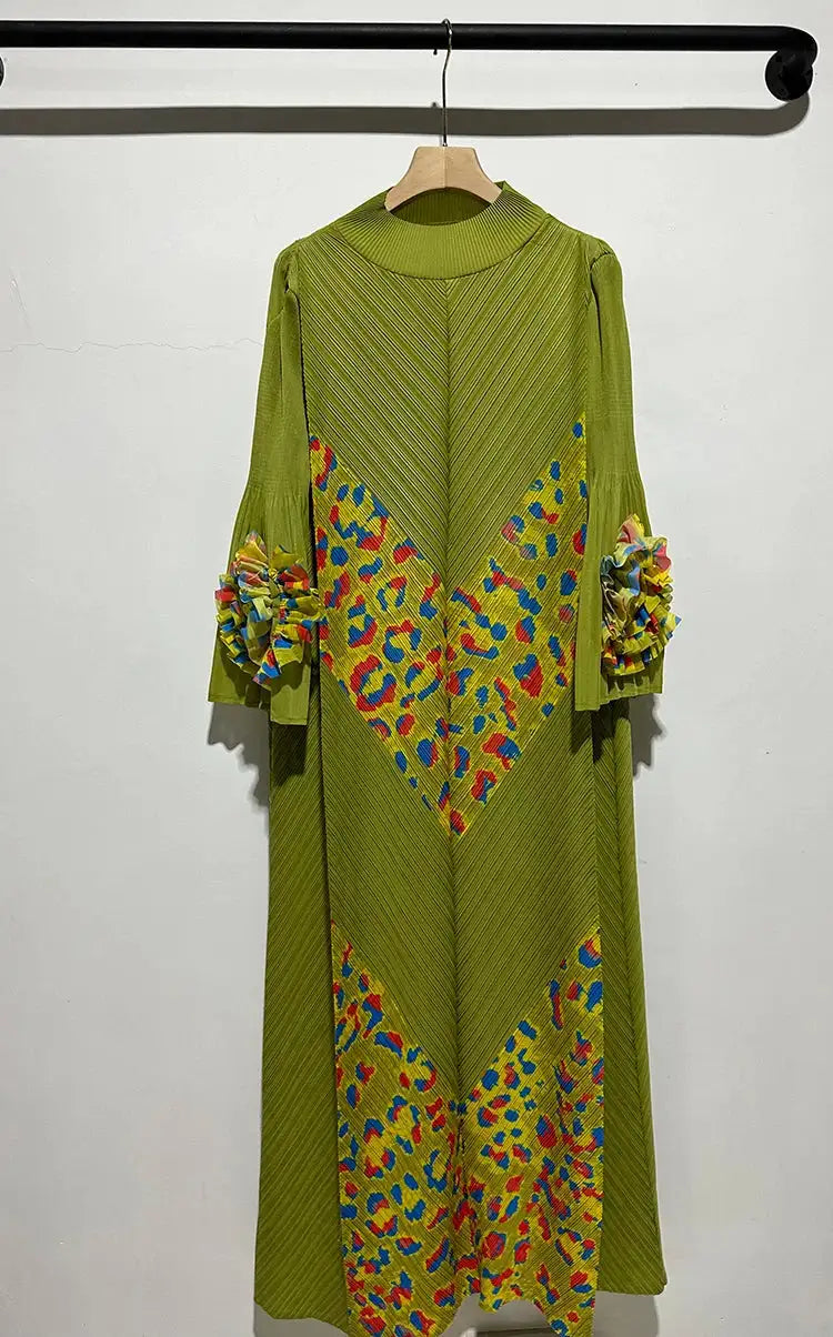 2024 Miyake Fashion Splicing Leopard Print Maxi Dress with Round Neck Hand Shake Flower Horn Sleeves Long Loose Fit Long Dress - Lootquake