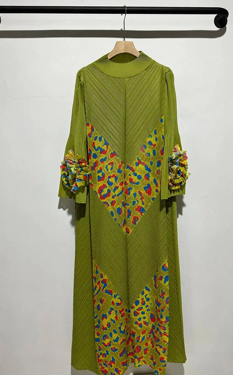 2024 Miyake Fashion Splicing Leopard Print Maxi Dress with Round Neck Hand Shake Flower Horn Sleeves Long Loose Fit Long Dress - Lootquake