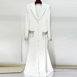 HIGH STREET Newest 2025 Designer Fashion Women's Long Sleeve Notched Collar Rhinestone Diamonds Beading Maxi Long Dress - Lootquake