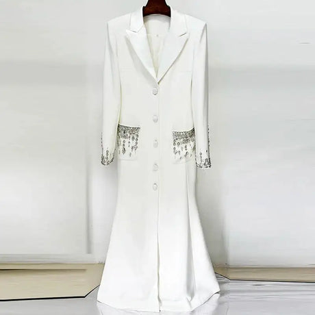 HIGH STREET Newest 2025 Designer Fashion Women's Long Sleeve Notched Collar Rhinestone Diamonds Beading Maxi Long Dress - Lootquake