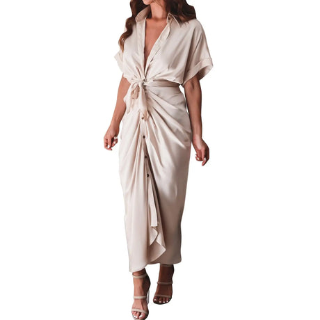 Formal Dresses For Wedding Guest Short Sleeve Long Dress Temperament Commuting High Waist Button Dress vestidos de graduación - Lootquake