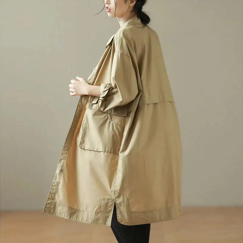 9290 Spring Fall Trench Coat Women Mid Length Windbreaker Single-breasted Double Pockets Casual Loose Overcoat Female Outerwear - Lootquake