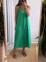 Summer Loose Spaghetti Strap Dresses Women Solid Color V-neck Casual Commuting Sleeveless Long Dress Female Fashion New Vestidos - Lootquake