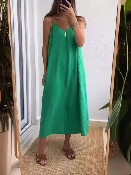 Summer Loose Spaghetti Strap Dresses Women Solid Color V-neck Casual Commuting Sleeveless Long Dress Female Fashion New Vestidos - Lootquake