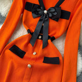 SINGREINY Office Lady Sweater Long Dress 2023 Bow Single Breasted Elastic Split Women Autumn Dress Fashion Senior Knitted Dress - Lootquake