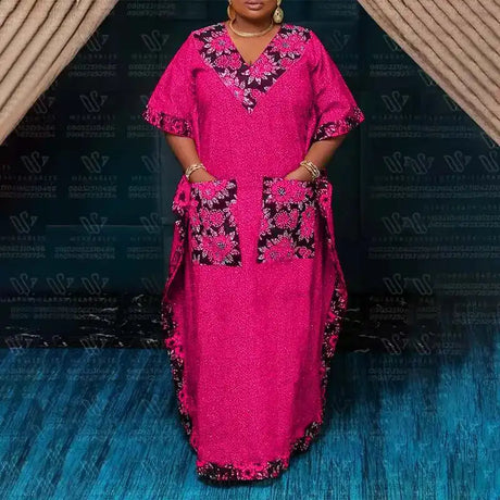 Plus Size 5XL VONDA 2024 Bohemian Printed Long Dress Summer Women V-Neck Short Sleeve Maxi Sundress Casual Pockets Loose Robe - Lootquake