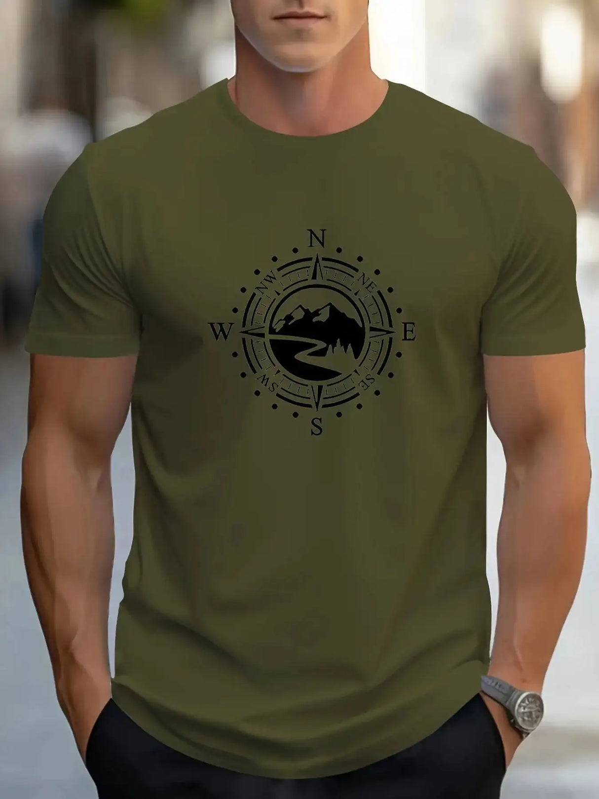 Summer Men's 100% Cotton Casual Loose Large Compass Pattern Printed Sports Comfortable Round Neck Short Sleeve T-shirt Top - Lootquake