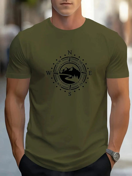 Summer Men's 100% Cotton Casual Loose Large Compass Pattern Printed Sports Comfortable Round Neck Short Sleeve T-shirt Top - Lootquake