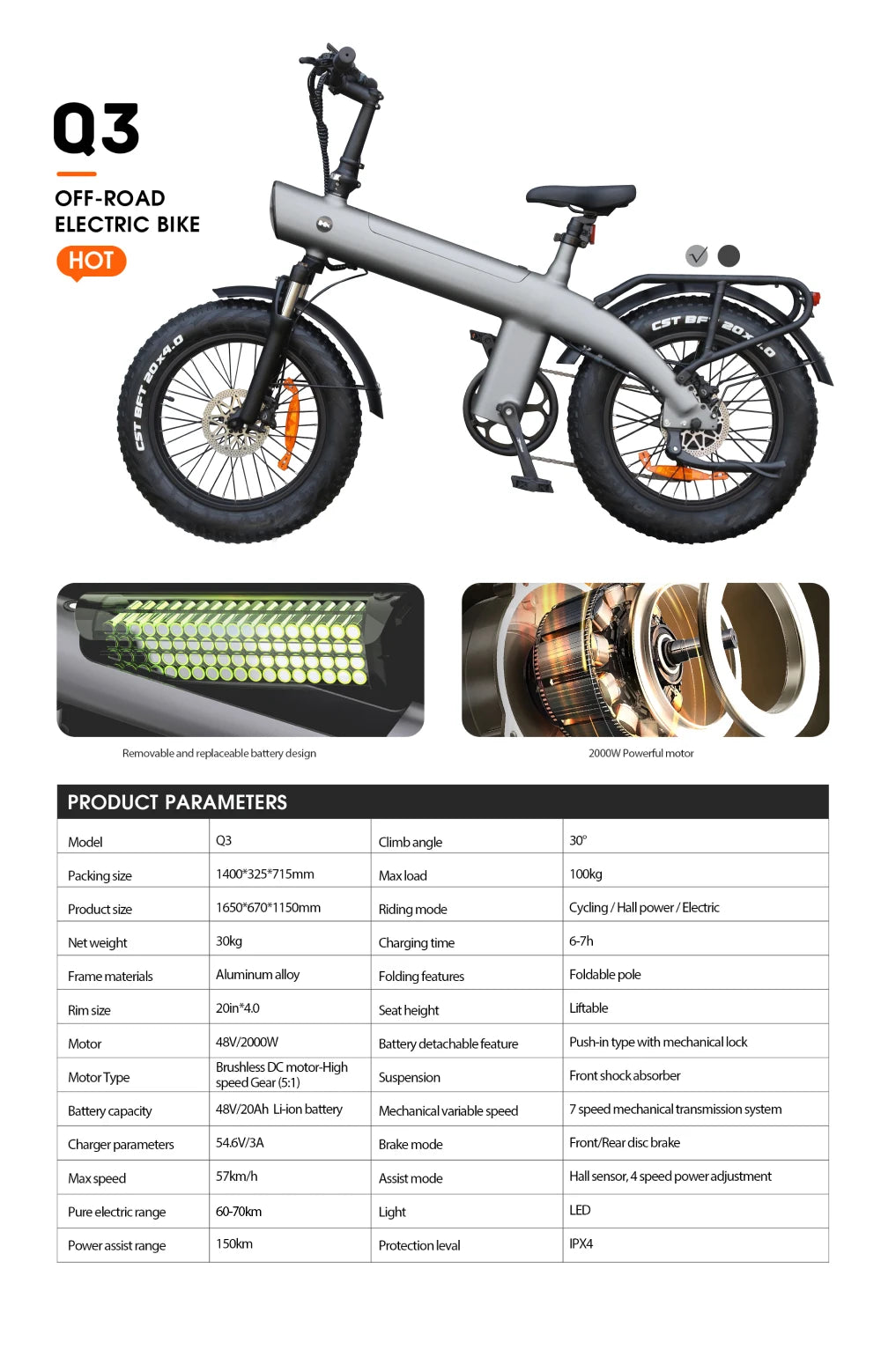 Bicicleta eléctrica para adultos HX Q20PRO de 2000 W, 48 V, 20 Ah, batería extraíble, plegable, neumáticos anchos de 20 pulgadas.