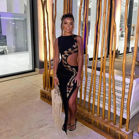 Tossy Python Printed Hollow Out Maxi Dress Female Slim Sexy Side Split Sleeveless Contrast Summer Party Dress Women's Long Dress - Lootquake